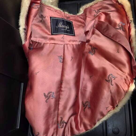 Macys VTG Genuine Mink Fur Stole Wrap Cape Light Brown Lined Collar Pockets - Picture 9 of 13